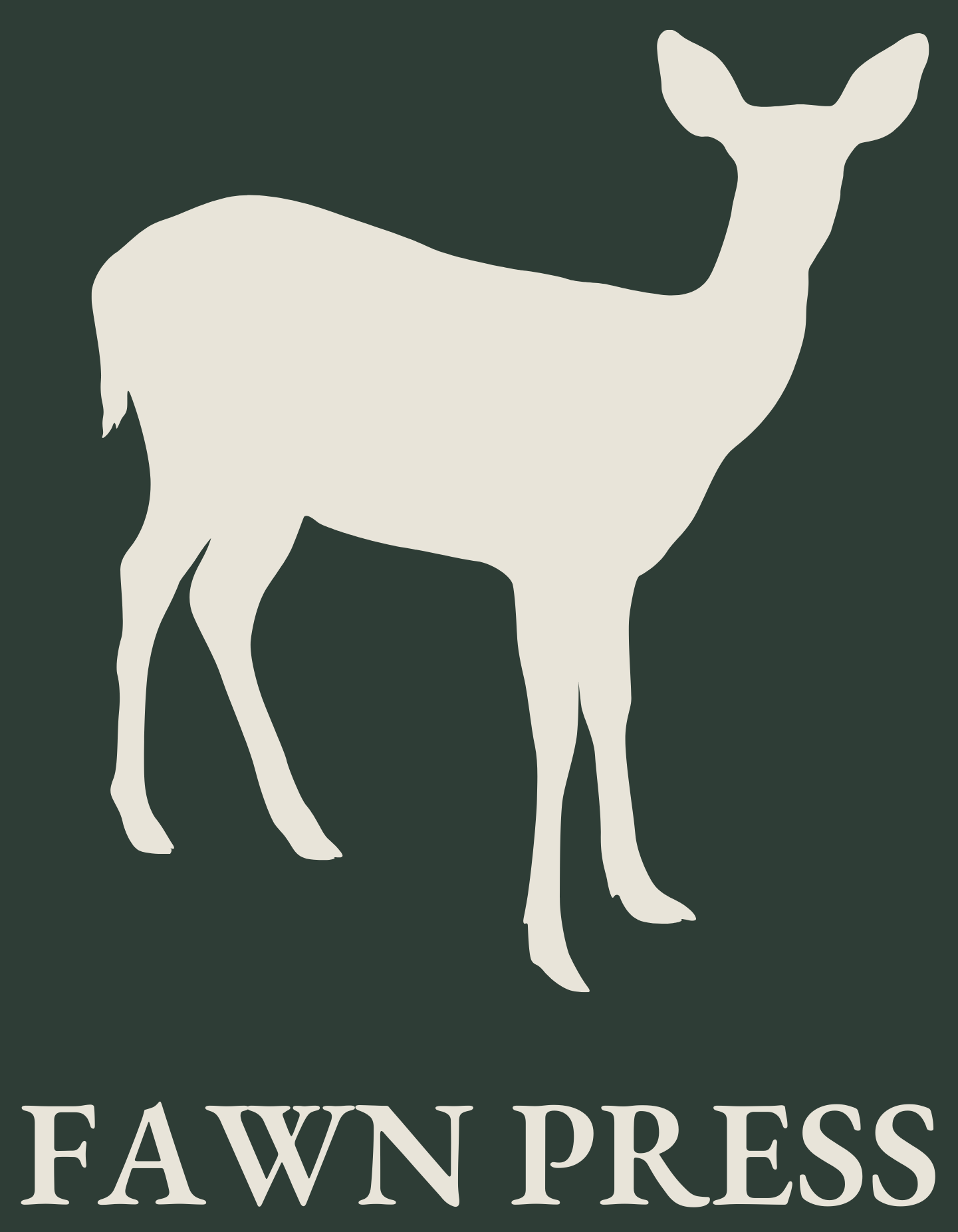 fawn press logo is the cream silhouette of a fawn against a dark green background